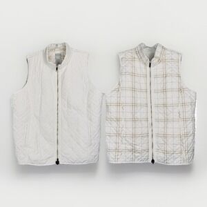 NWOT Chico's Quilted White Beige Reversible Plaid Zip Vest Womens XL/3 Pockets